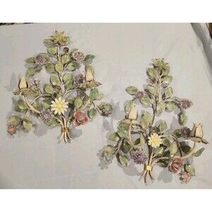 Antique Pair of Tole Peinte Metal Porcelain Floral Wall Sconce Candelabra